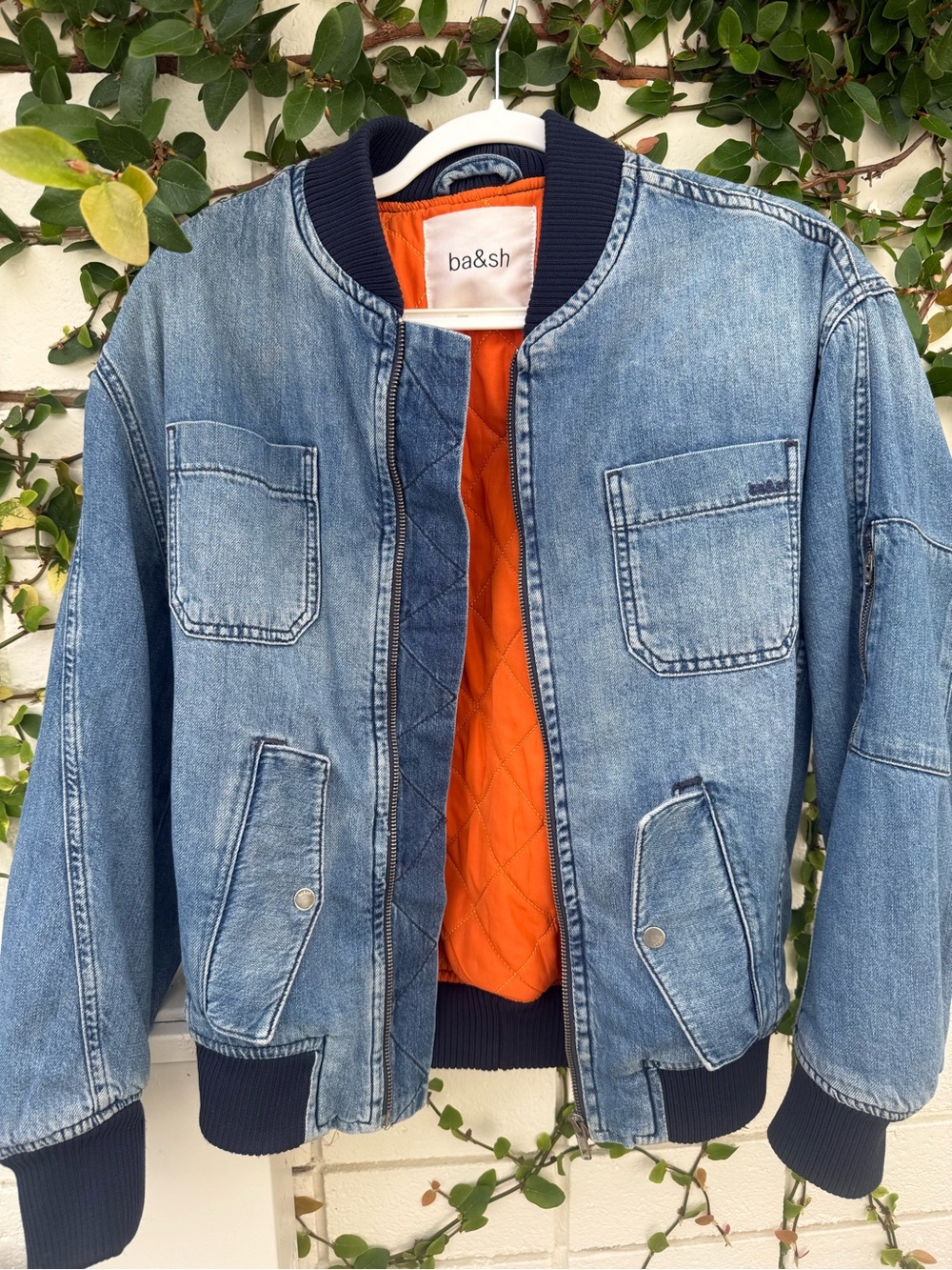 ba&sh Womens Denim Bomber Jacket with Orange Lining - Size 1 - Worn Once